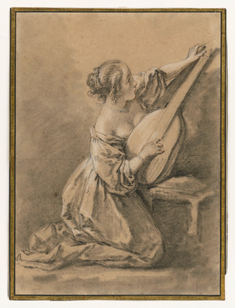 Kniende junge Frau, die eine Laute stimmt von François Boucher