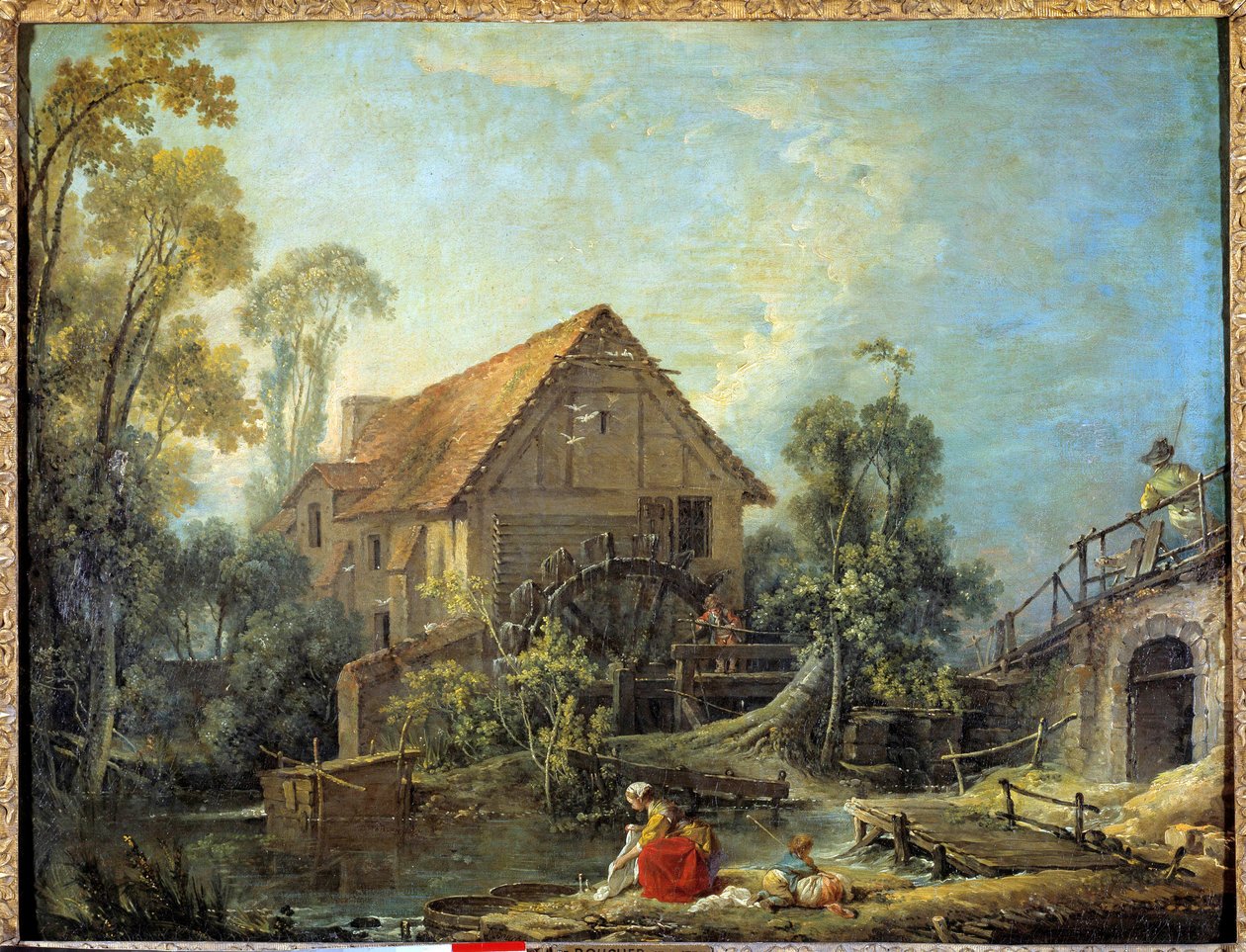 Die Mühle. Eine Frau wäscht die Wäsche im Bach in der Nähe einer Wassermühle. Gemälde von Francois Boucher (1703-1770) 1751 von François Boucher