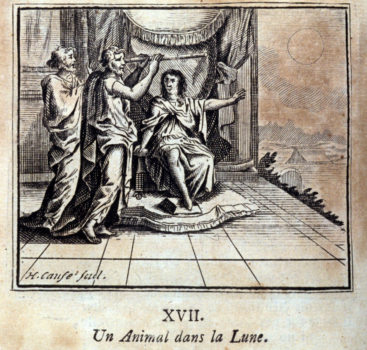 Ein Tier im Mond. Fabeln von Jean de La Fontaine. Illustration von François Chauveau. Ausgabe von 1728. von Francois Chauveau