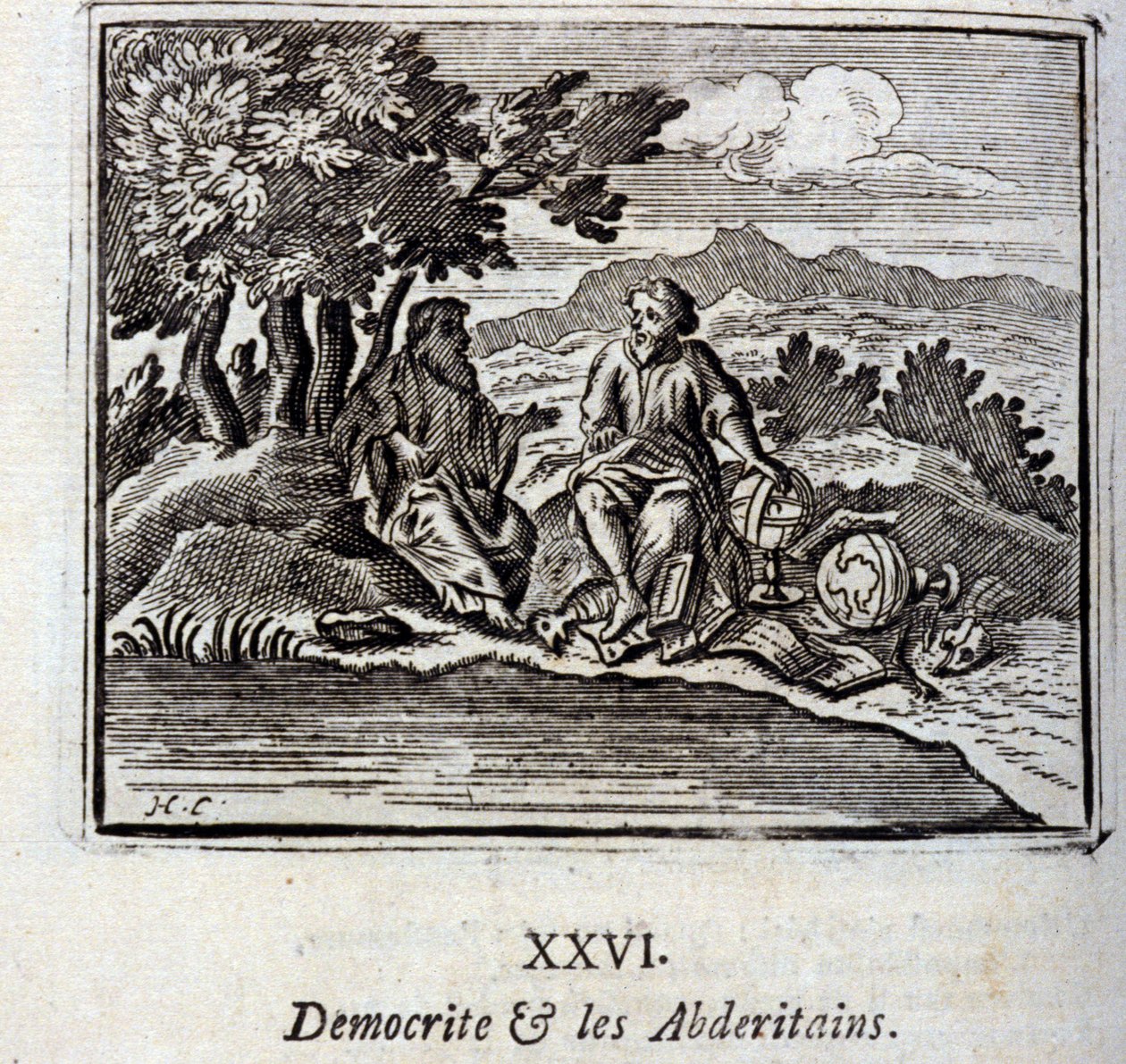Demokrit und die Abderiten. Fabeln von Jean de La Fontaine (1621-95). Illustration von François Chauveau (1613-1676). Ausgabe von 1728 von Francois Chauveau