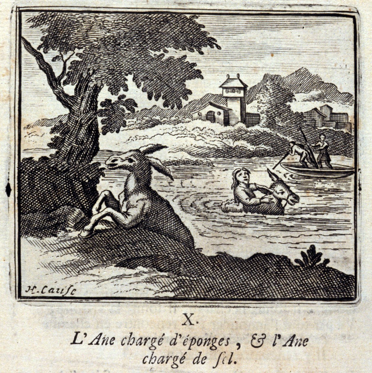 Der Esel beladen mit Schwämmen und der Esel beladen mit Salz. Fabeln von Jean de La Fontaine. Illustration von François Chauveau. Ausgabe von 1728. von Francois Chauveau