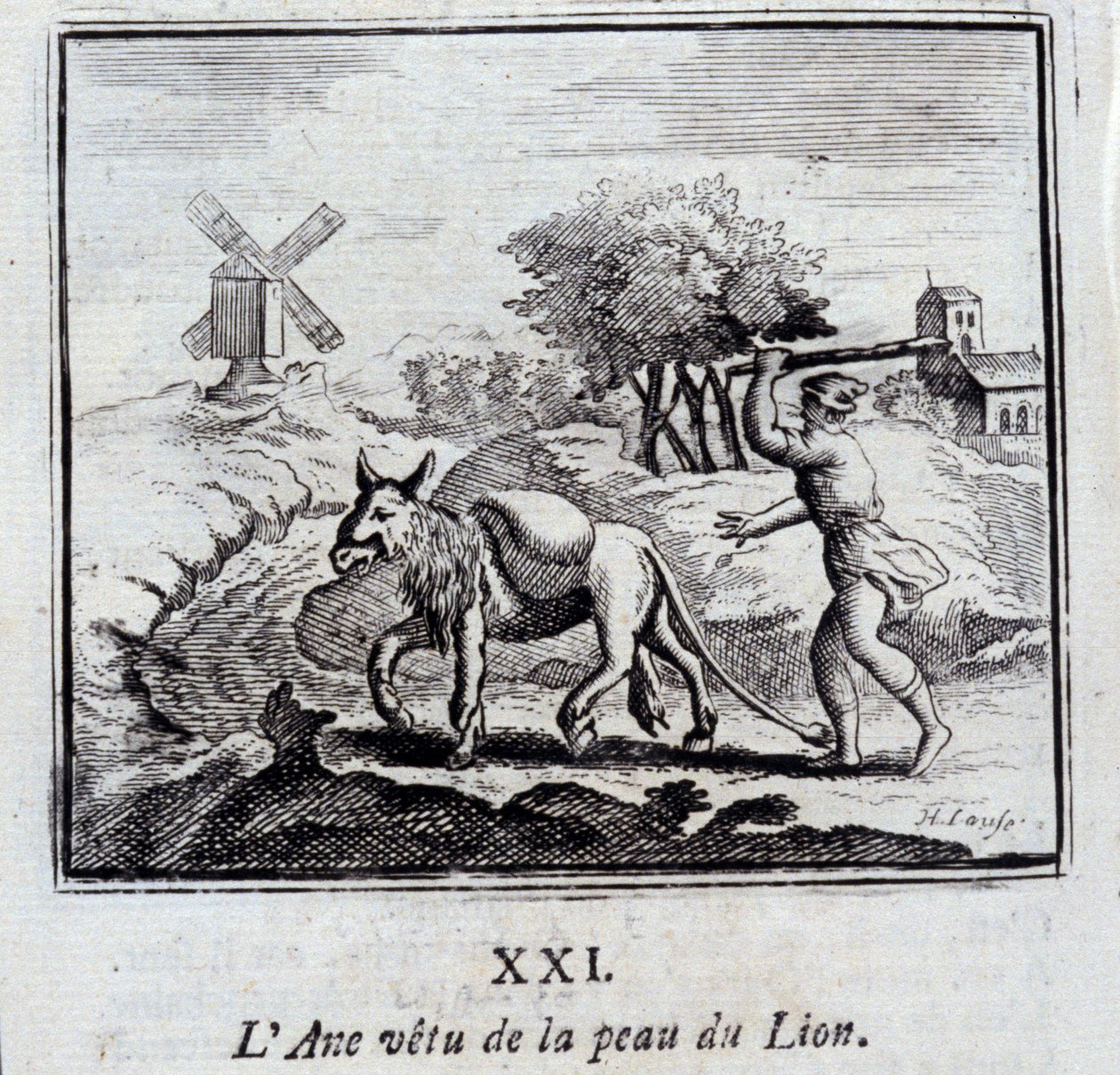 Der Esel im Löwenfell. Fabeln von Jean de La Fontaine. Illustration von François Chauveau. Ausgabe von 1728. von Francois Chauveau