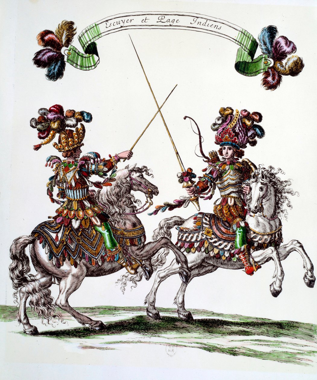 Indischer Reiter und Page während des Karussells von König Ludwig XIV. (1662) in den Tuilerien zur Feier der Geburt des Dauphins. Gravur von François Chauveau (17. Jahrhundert) von Francois Chauveau