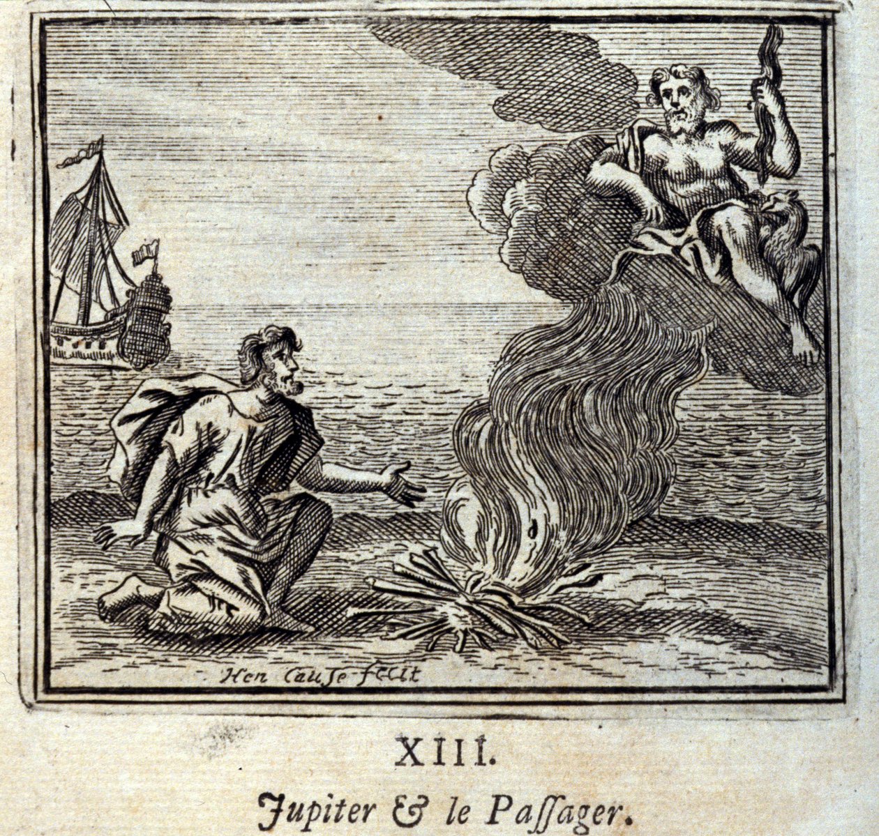 Jupiter und der Passagier. Fabeln von Jean de La Fontaine. Illustration von François Chauveau. Ausgabe von 1728. von Francois Chauveau