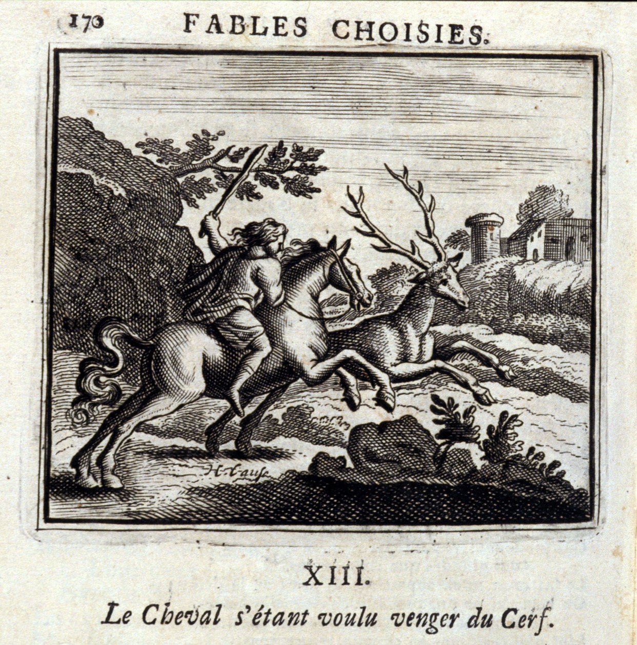 Das Pferd wollte Rache am Hirsch. Fabeln von Jean de La Fontaine. Illustration von François Chauveau. Ausgabe von 1728. von Francois Chauveau