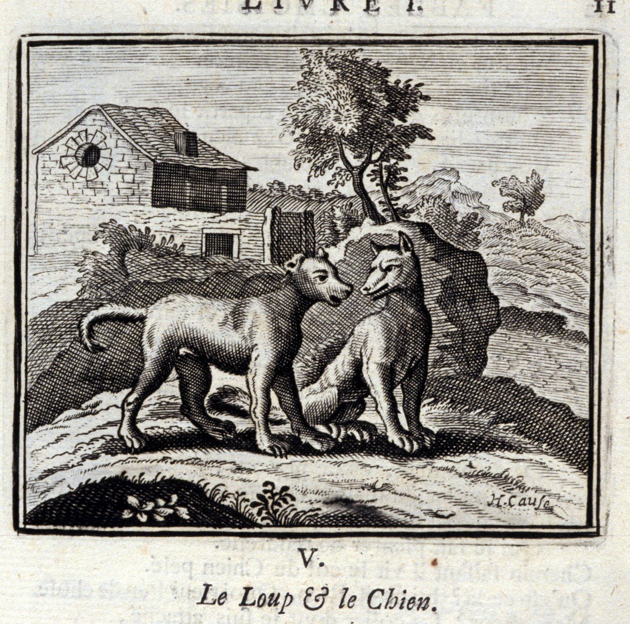 Der Wolf und der Hund. Fabeln von Jean de La Fontaine. Illustration von François Chauveau. Ausgabe von 1728 von Francois Chauveau