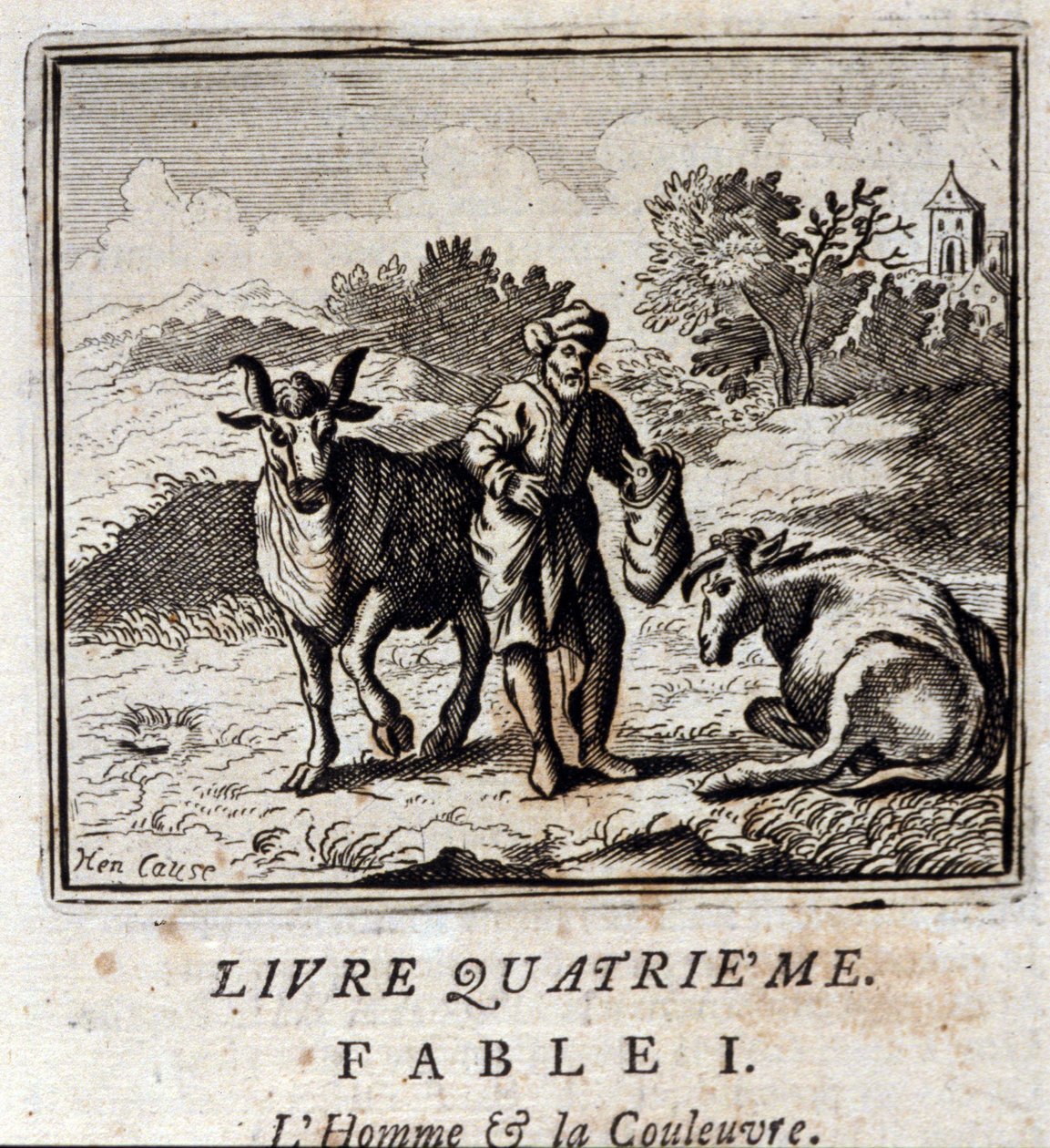 Mann und Schlange. Fabeln von Jean de La Fontaine (1621-95). Illustration von François Chauveau (1613-1676). Ausgabe von 1728. von Francois Chauveau
