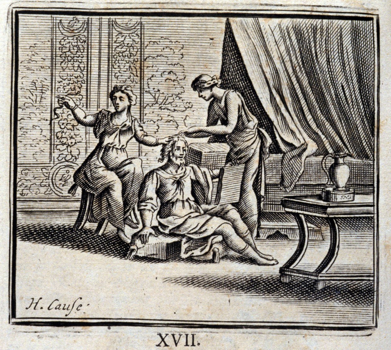 Der Mann zwischen zwei Altern und seine zwei Geliebten. Fabeln von Jean de La Fontaine. Illustration von François Chauveau. Ausgabe von 1728. von Francois Chauveau