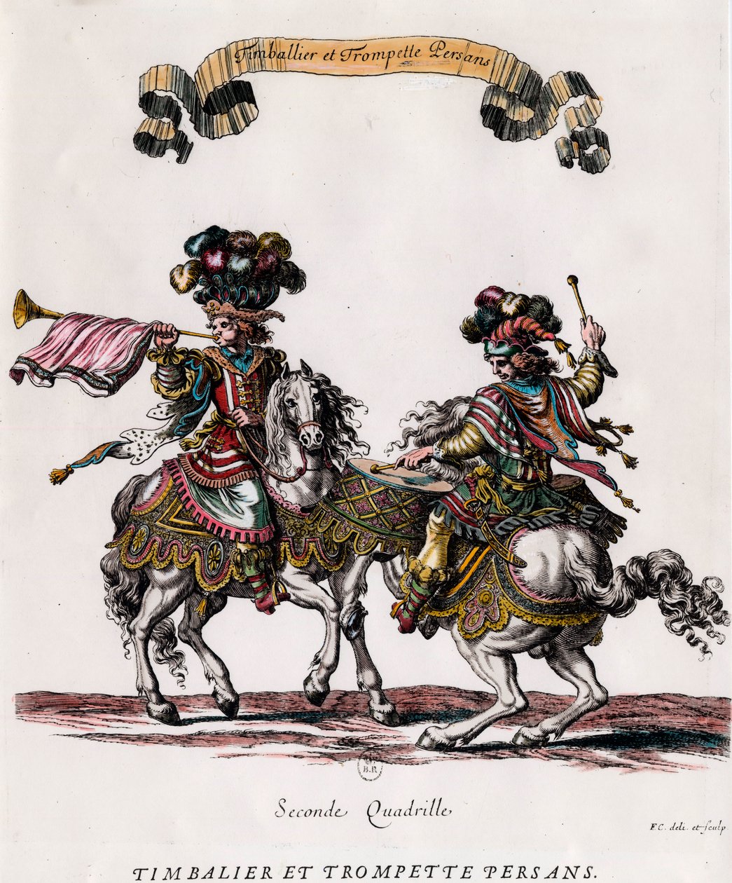 Persischer Trommler und Trompeter während des Karussells von König Ludwig XIV. (1639-1715). Stich von Francois Chauveau (1613-1676) um 1662. Private Sammlung von Francois Chauveau