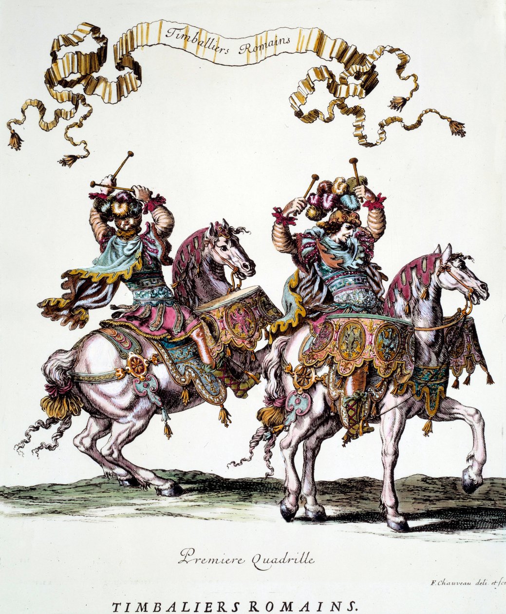 Römische Trommler während des Karussells von König Ludwig XIV, 1662. Gravur von Francois Chauveau von Francois Chauveau
