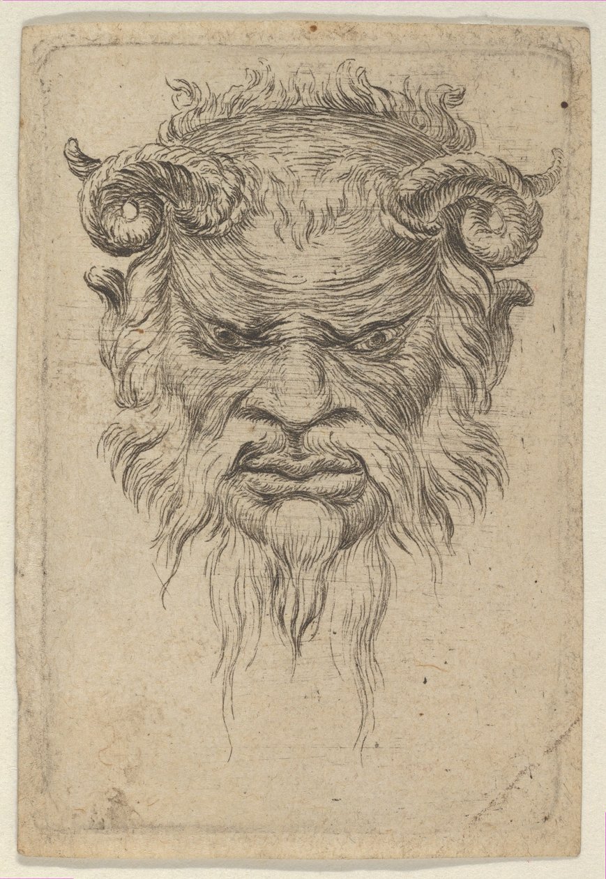 Satyrmaske mit gekräuselten Hörnern, die nach unten schaut, aus Divers Masques, ca. 1635-45 von Francois Chauveau