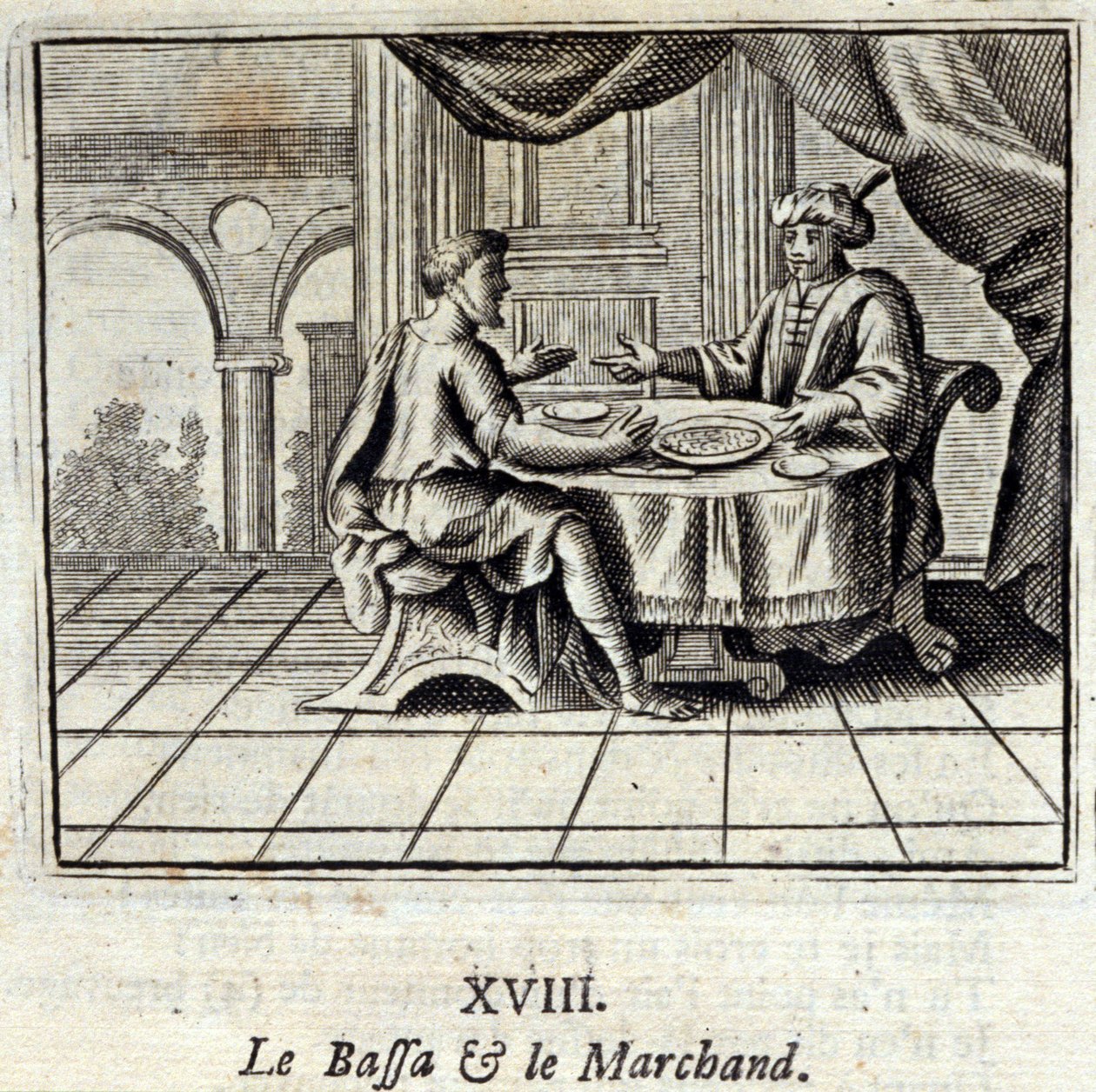 Der Bassa und der Kaufmann. Fabeln von Jean de La Fontaine (1621-95). Illustration von François Chauveau (1613-1676). Ausgabe von 1728 von Francois Chauveau