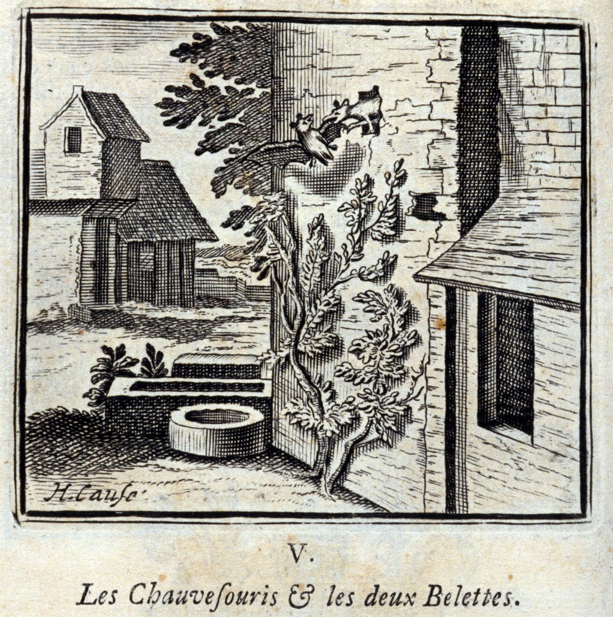 Die Fledermaus und die zwei Wiesel. Fabeln von Jean de La Fontaine. Illustration von François Chauveau. Ausgabe von 1728. von Francois Chauveau