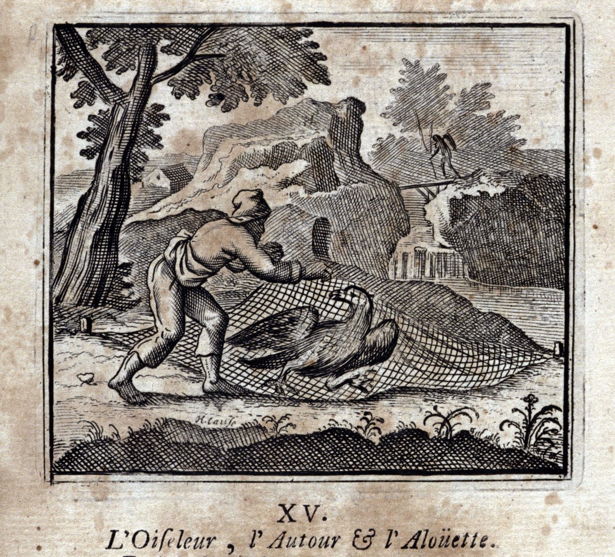 Der Vogel und die Lerche. Fabeln von Jean de La Fontaine. Illustration von François Chauveau. Ausgabe von 1728. von Francois Chauveau