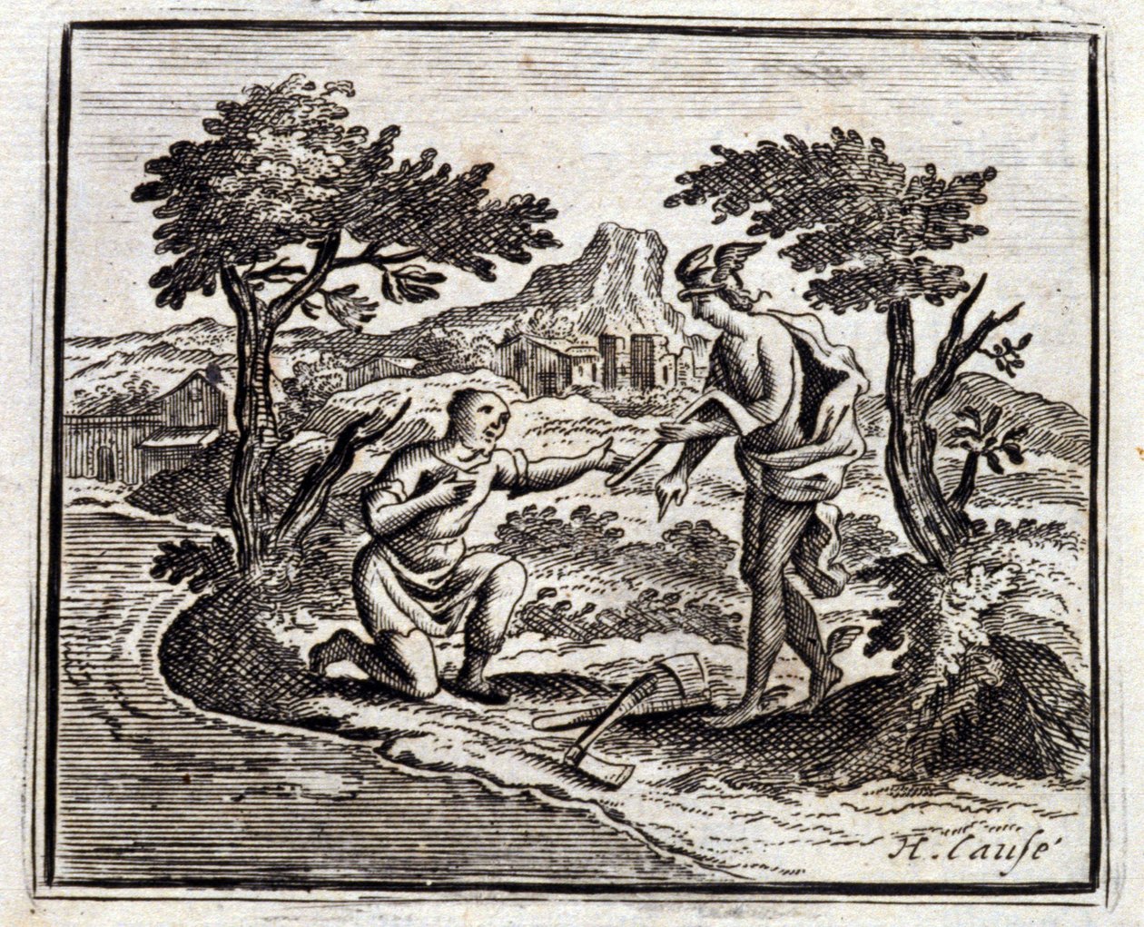 Der Holzfäller und Merkur. Fabeln von Jean de La Fontaine. Illustration von François Chauveau. Ausgabe von 1728. von Francois Chauveau