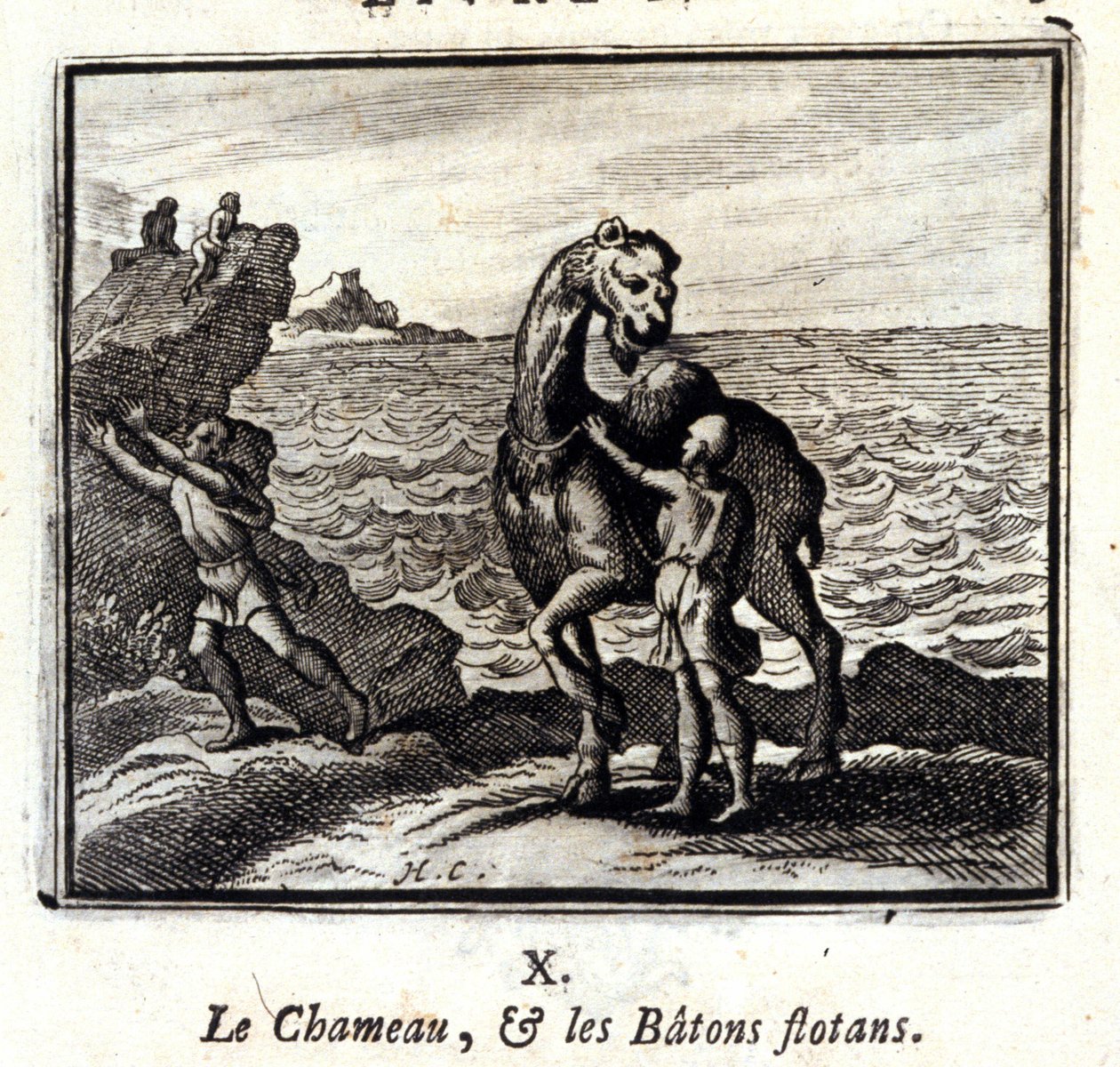 Das Kamel und die schwimmenden Stöcke. Fabeln von Jean de La Fontaine. Illustration von François Chauveau. Ausgabe von 1728. von Francois Chauveau
