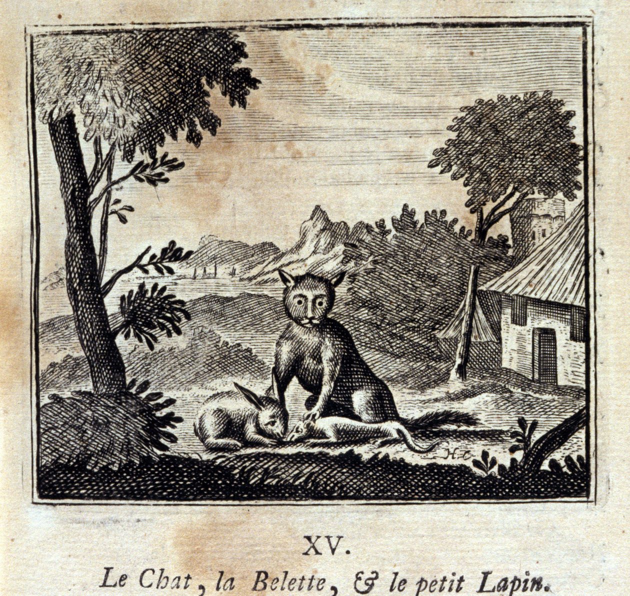 Die Katze, das Wiesel und das kleine Kaninchen. Fabeln von Jean de La Fontaine. Illustration von François Chauveau. Ausgabe von 1728. von Francois Chauveau