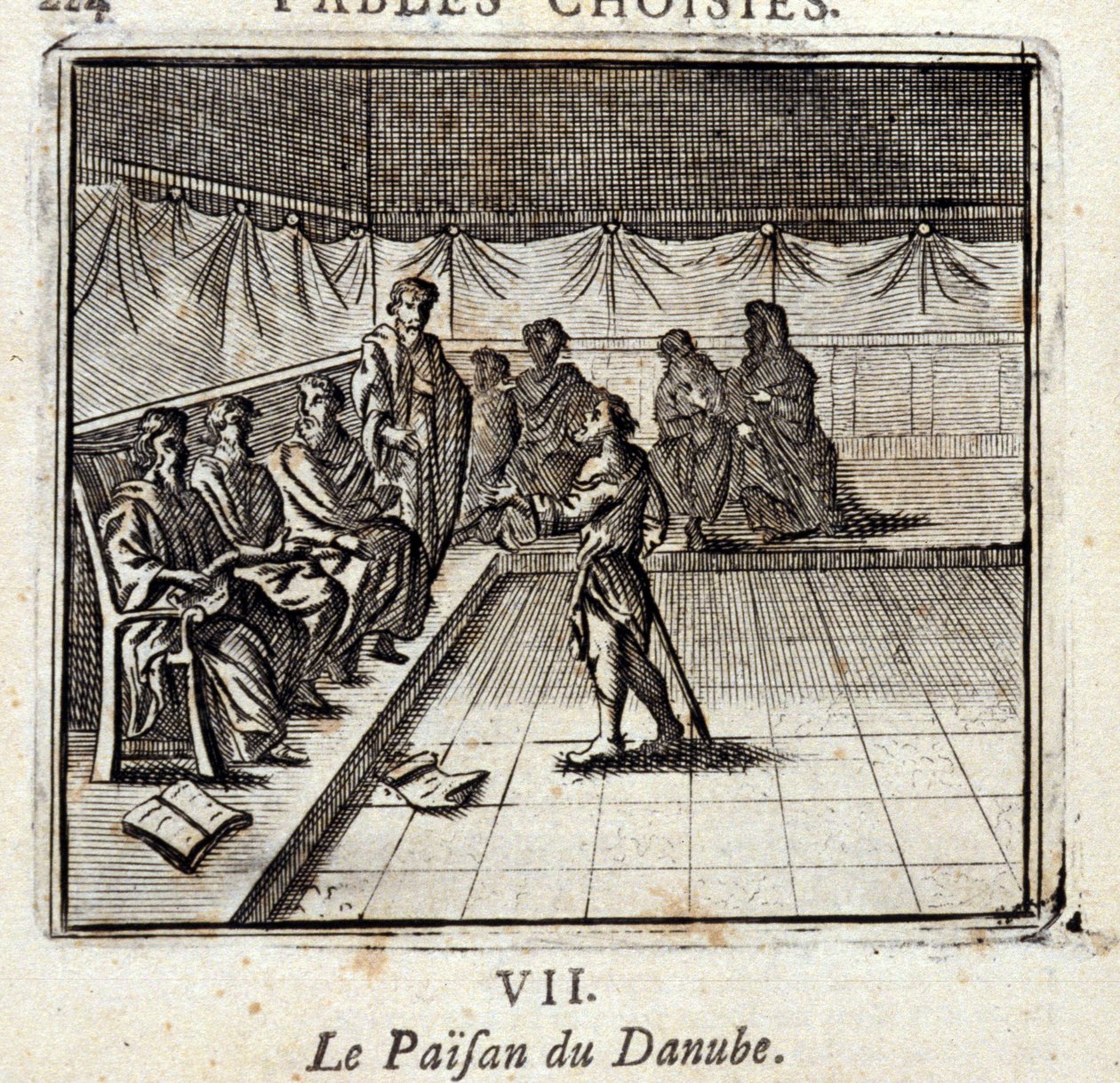 Der Donau-Bauer. Fabeln von Jean de La Fontaine. Illustration von François Chauveau. Ausgabe von 1728. von Francois Chauveau