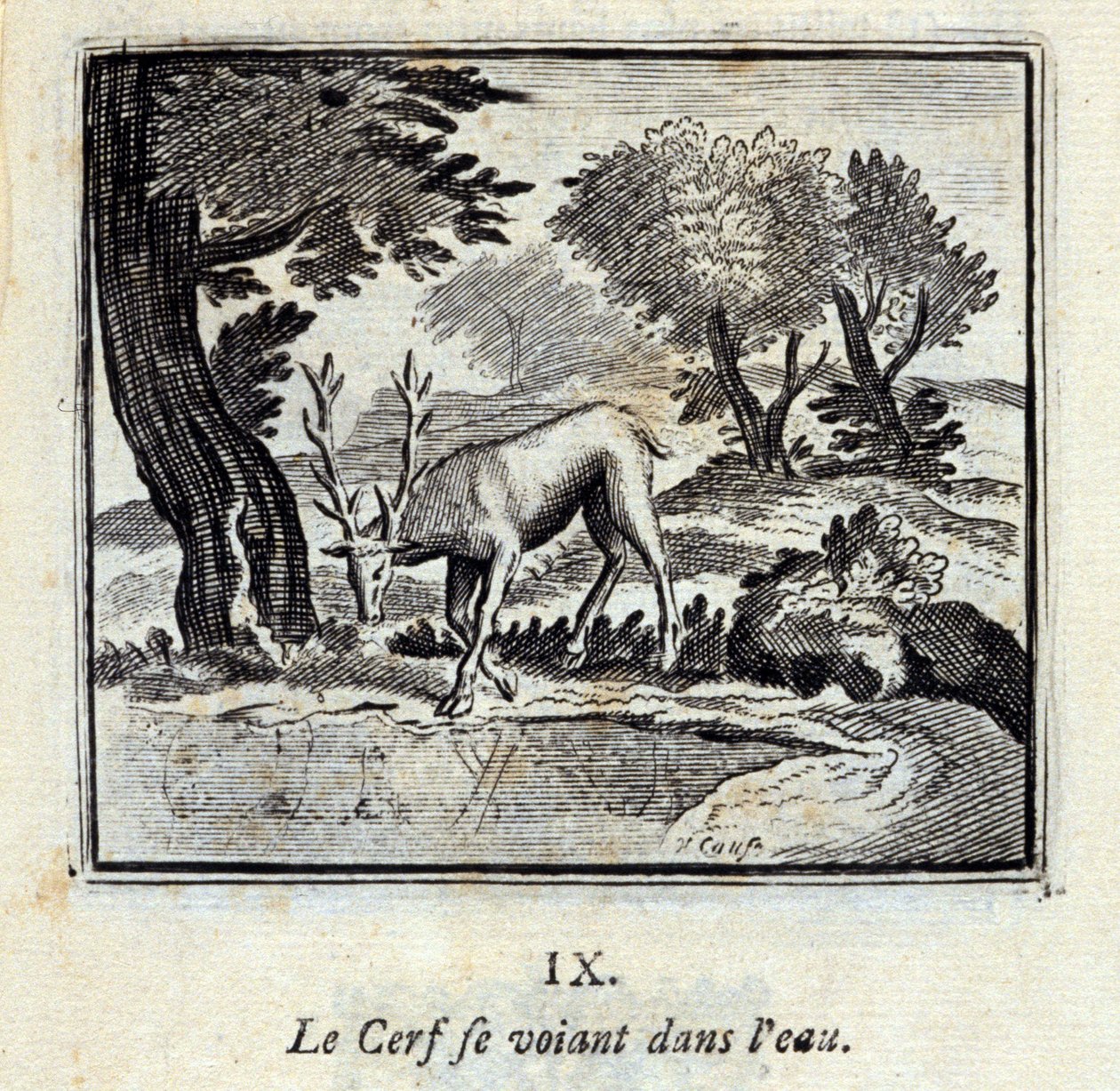 Der Hirsch, der sich im Wasser sieht. Fabeln von Jean de La Fontaine (1621-95). Illustration von François Chauveau (1613-1676). Ausgabe von 1728. von Francois Chauveau
