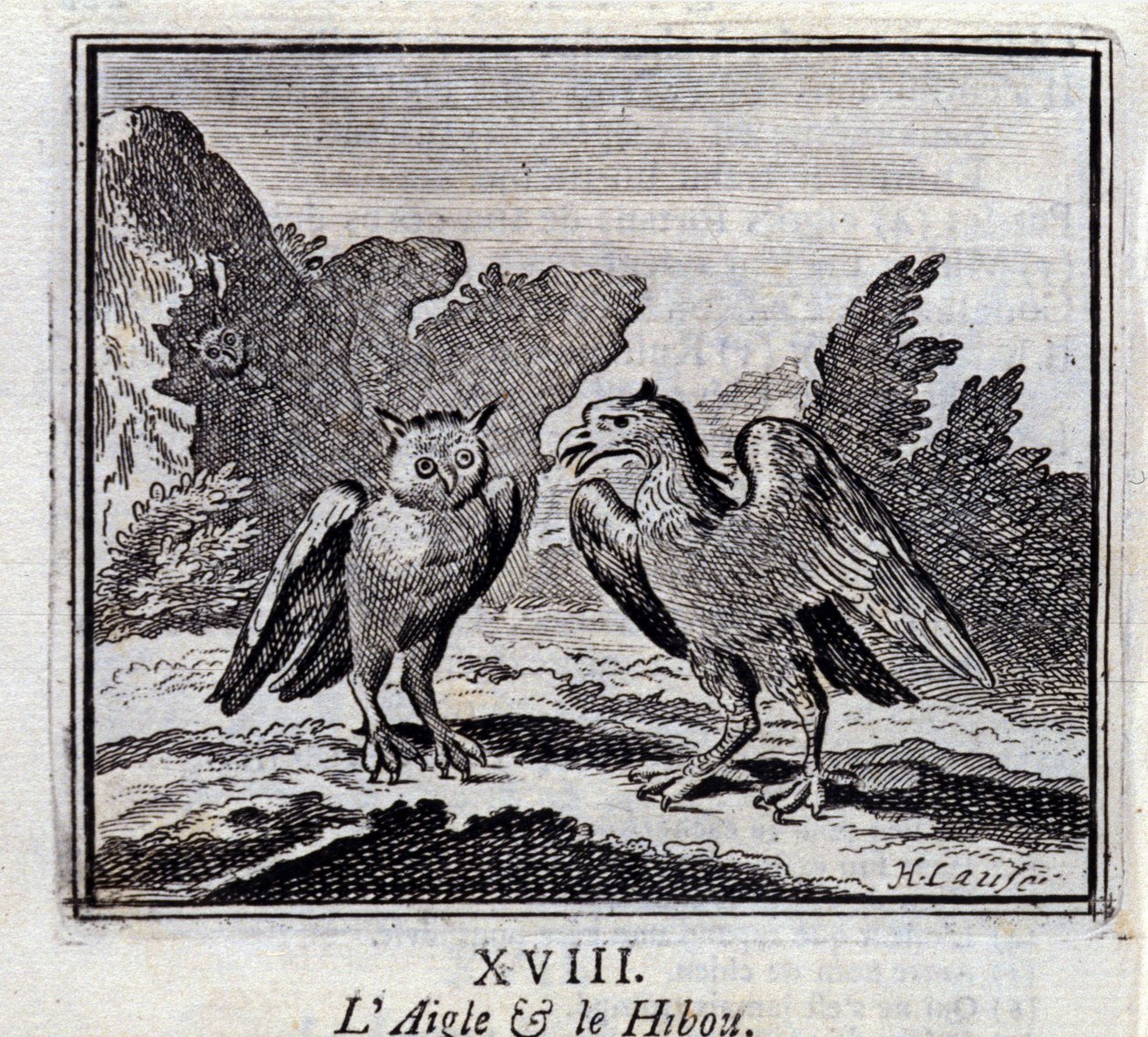 Der Adler und die Eule. Fabeln von Jean de La Fontaine. Illustration von François Chauveau. Ausgabe von 1728. von Francois Chauveau