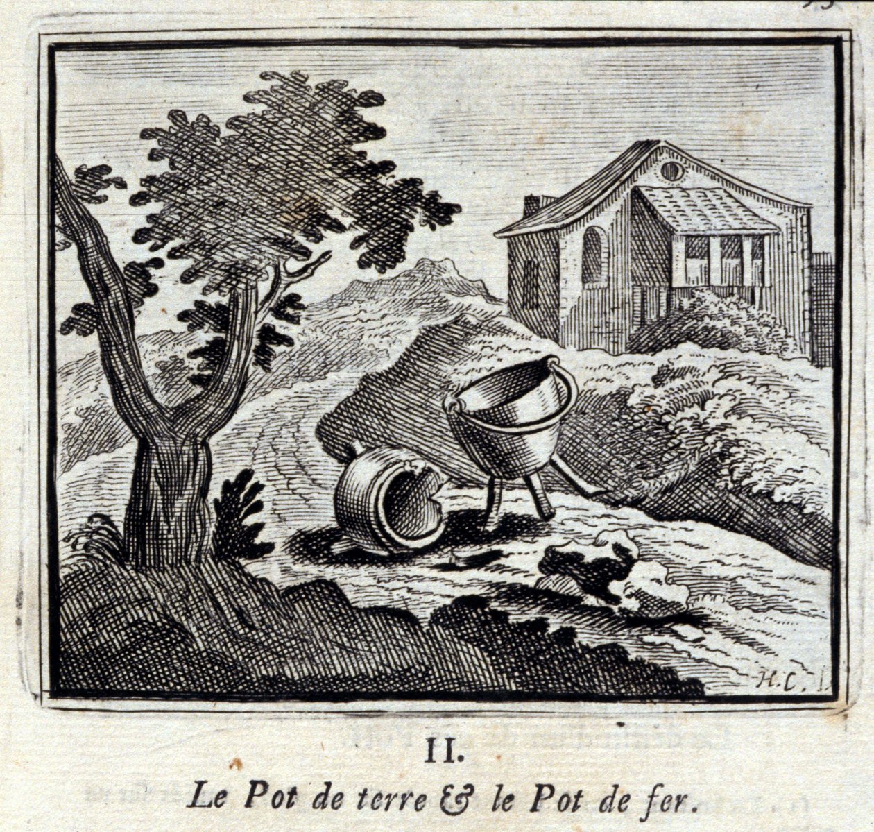 Der Tontopf und der Eisentopf. Fabeln von Jean de La Fontaine. Illustration von François Chauveau. Ausgabe von 1728. von Francois Chauveau