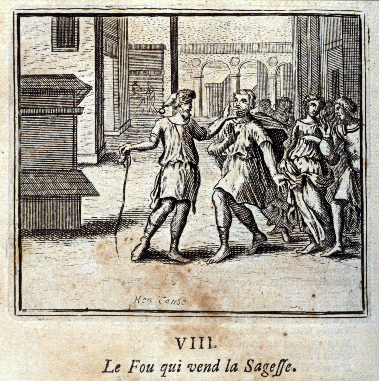 Der Narr, der Weisheit verkauft. Fabeln von Jean de La Fontaine. Illustration von François Chauveau. Ausgabe von 1728. von Francois Chauveau