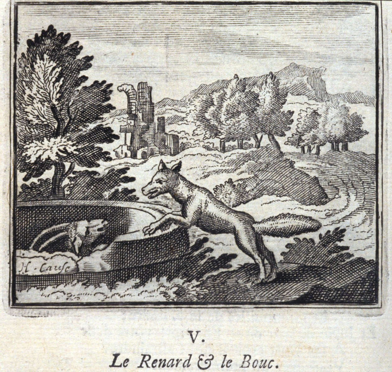 Der Fuchs und der Bock. Fabeln von Jean de La Fontaine (1621-95). Illustration von François Chauveau (1613-1676). Ausgabe von 1728 von Francois Chauveau