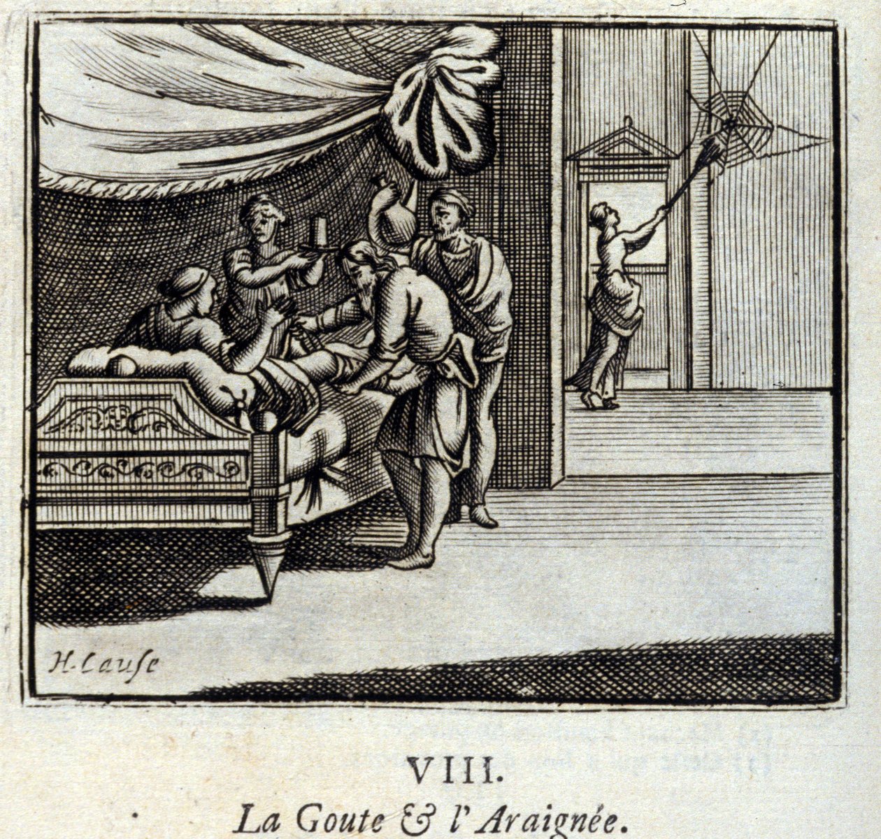 Die Gicht und die Spinne. Fabeln von Jean de La Fontaine. Illustration von François Chauveau. Ausgabe von 1728. von Francois Chauveau