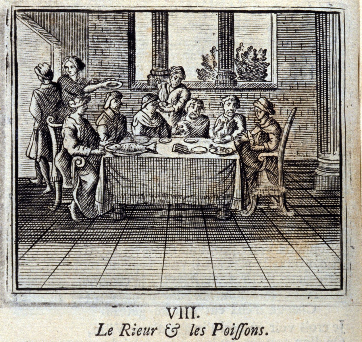 Das Lachen und die Fische. Fabeln von Jean de La Fontaine. Illustration von François Chauveau. Ausgabe von 1728. von Francois Chauveau