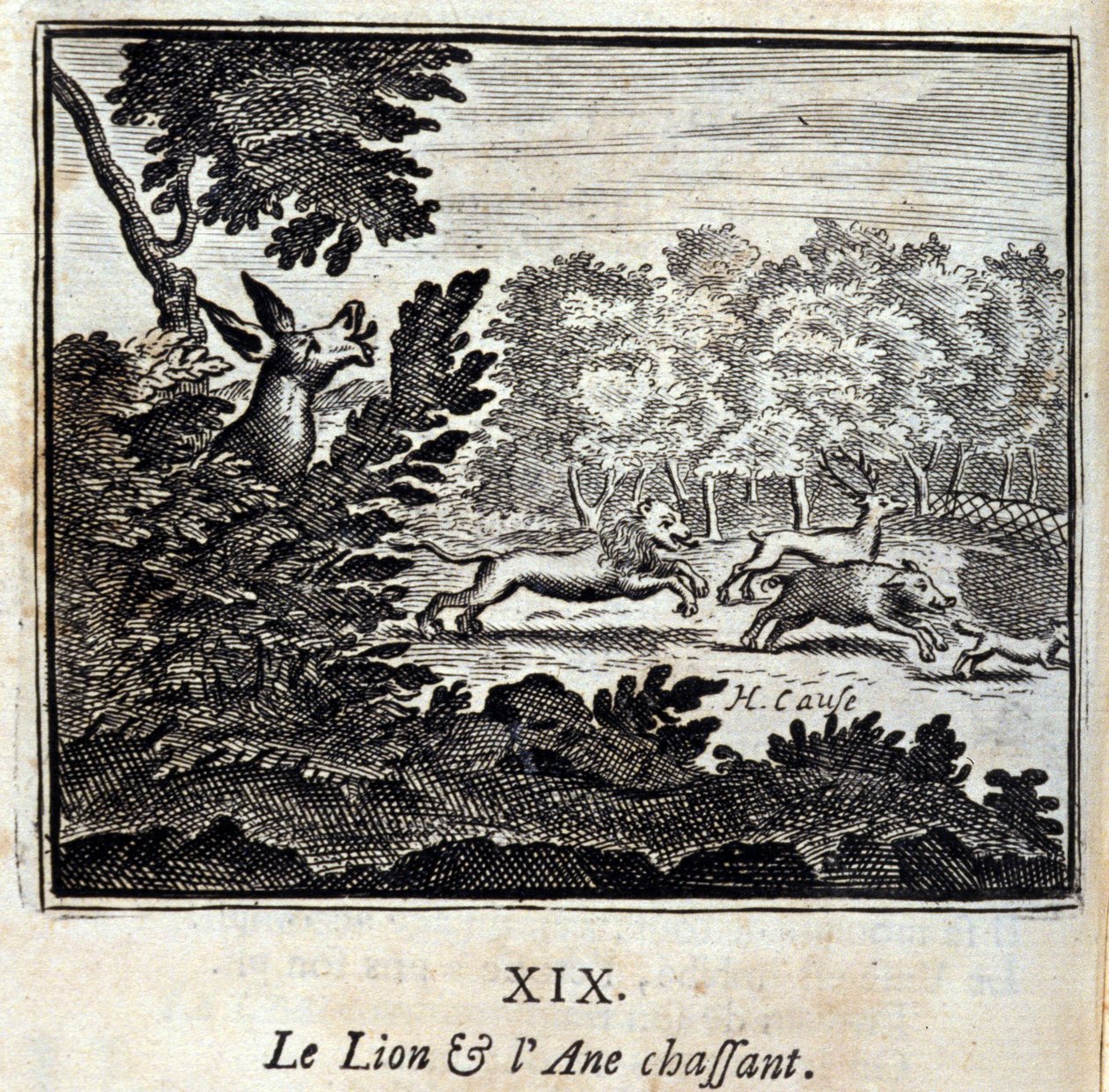 Der Löwe und der Esel auf der Jagd. Fabeln von Jean de La Fontaine (1621-95). Illustration von François Chauveau (1613-1676). Ausgabe von 1728. von Francois Chauveau