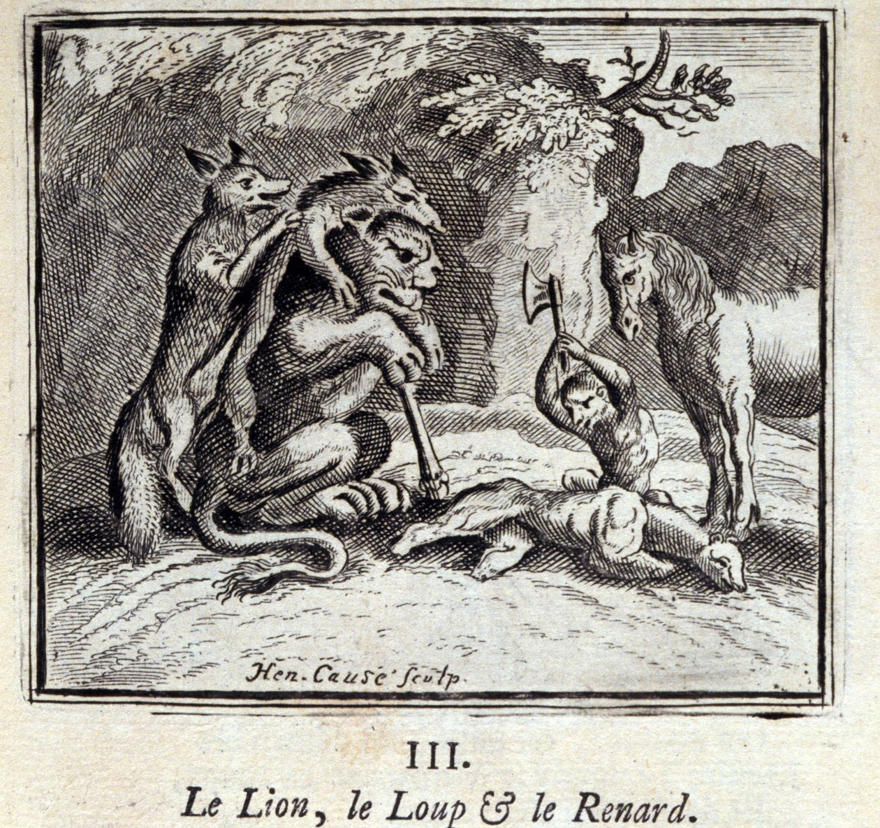Der Löwe, der Wolf und der Fuchs. Fabeln von Jean de La Fontaine. Illustration von François Chauveau. Ausgabe von 1728. von Francois Chauveau