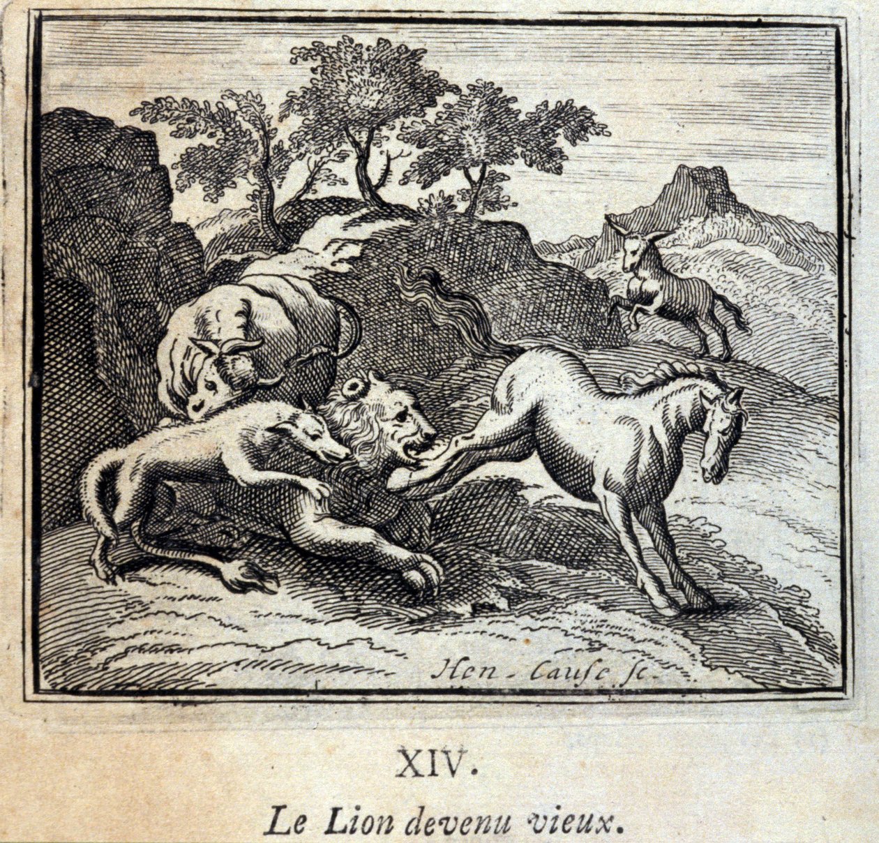 Der alt gewordene Löwe. Fabeln von Jean de La Fontaine. Illustration von François Chauveau. Ausgabe von 1728. von Francois Chauveau
