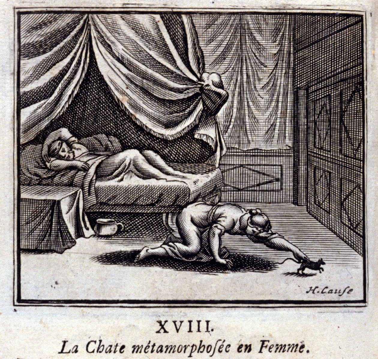 Die Katze, die in eine Frau verwandelt wurde. Fabeln von Jean de La Fontaine. Illustration von François Chauveau. Ausgabe von 1728. von Francois Chauveau
