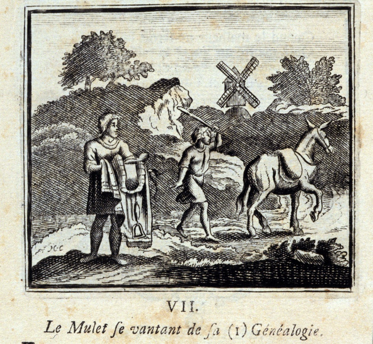 Der Meeräsche prahlt mit seiner Genealogie. Fabeln von Jean de La Fontaine (1621-95). Illustration von François Chauveau (1613-1676). Ausgabe von 1728 von Francois Chauveau