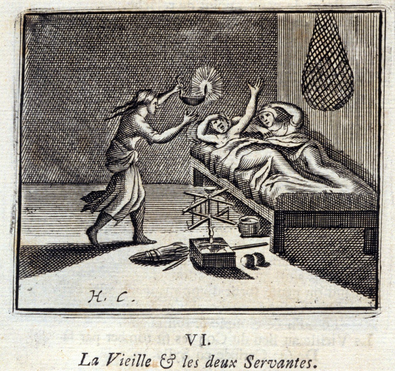 Die alte Dame und die zwei Diener. Fabeln von Jean de La Fontaine. Illustration von François Chauveau. Ausgabe von 1728. von Francois Chauveau