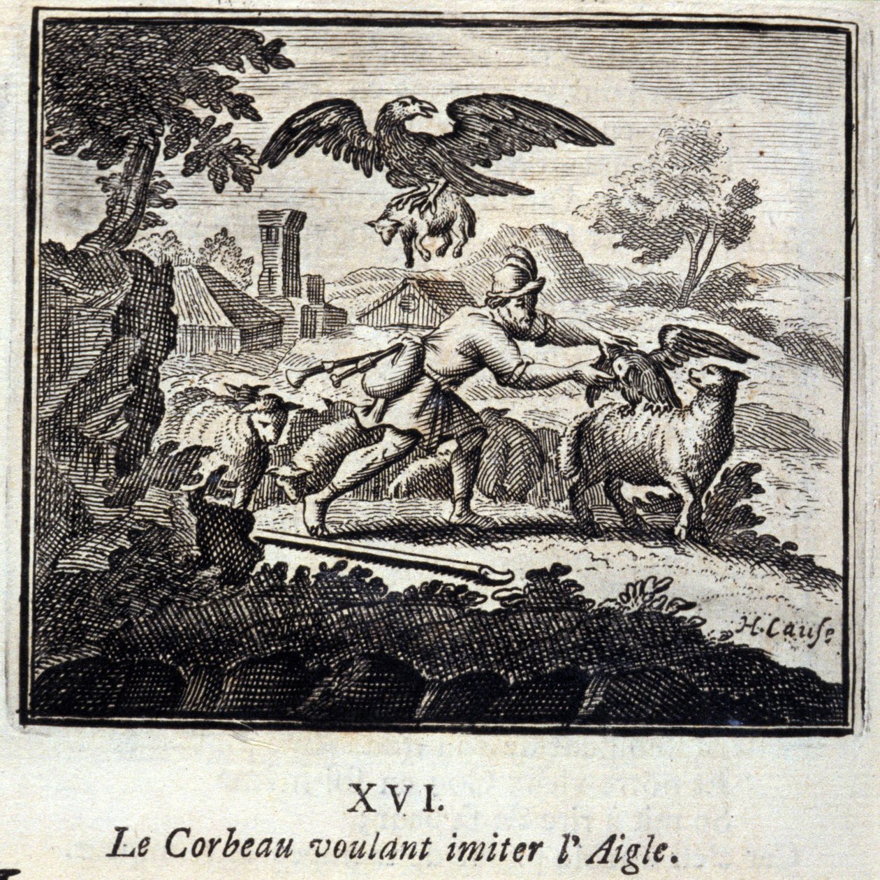 Der Rabe, der den Adler nachahmen wollte. Fabeln von Jean de La Fontaine. Illustration von François Chauveau. Ausgabe von 1728. von Francois Chauveau