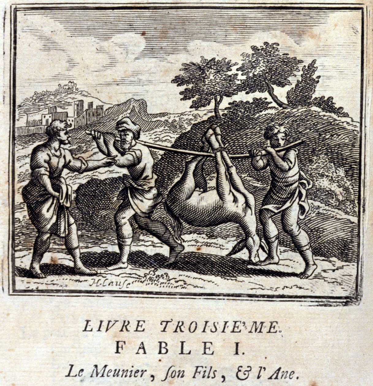 Der Sauger, sein Sohn und der Esel. Fabeln von Jean de La Fontaine. Illustration von François Chauveau. Ausgabe von 1728. von Francois Chauveau