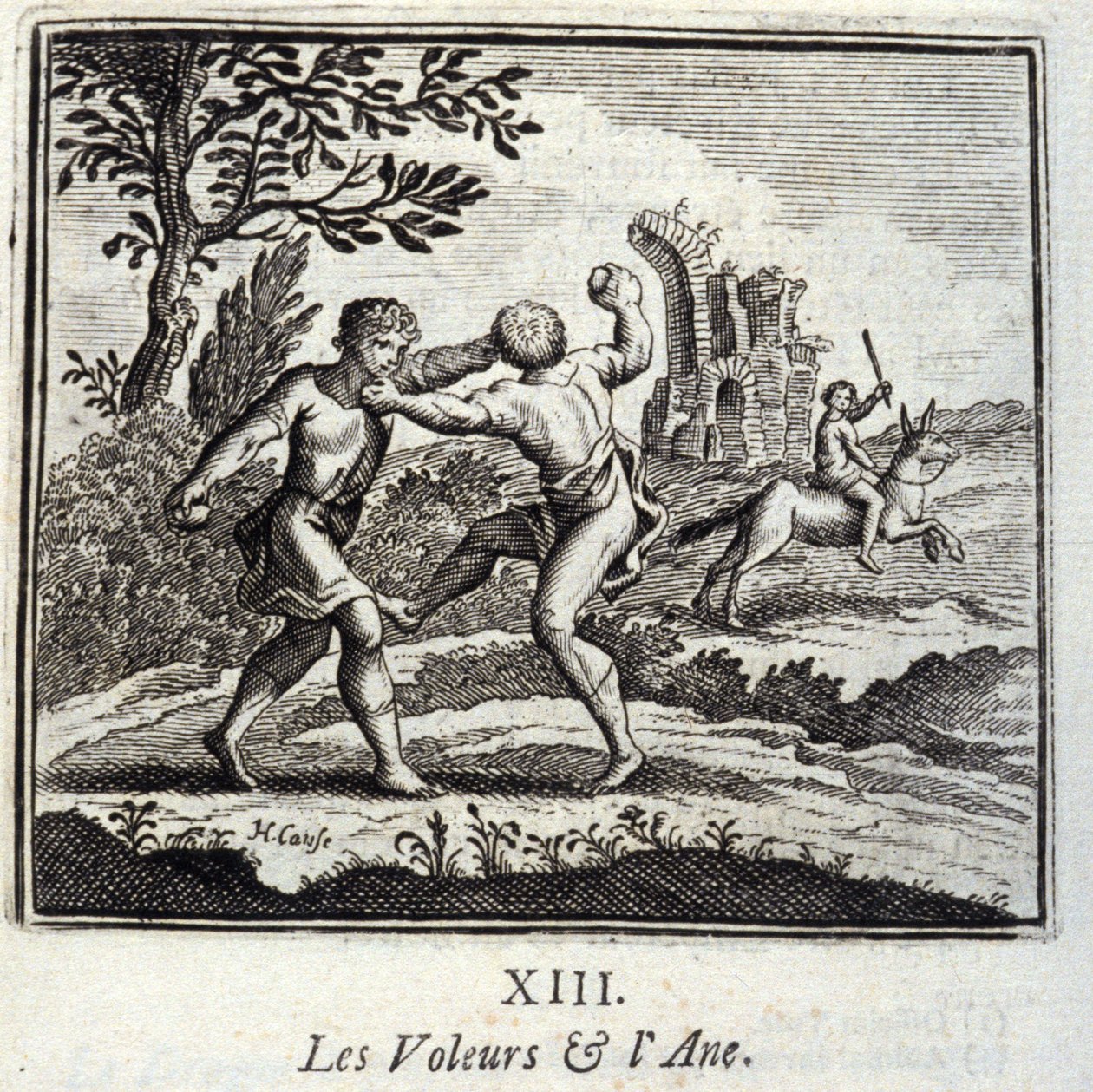Die Diebe und der Esel. Fabeln von Jean de La Fontaine. Illustration von François Chauveau. Ausgabe von 1728. von Francois Chauveau