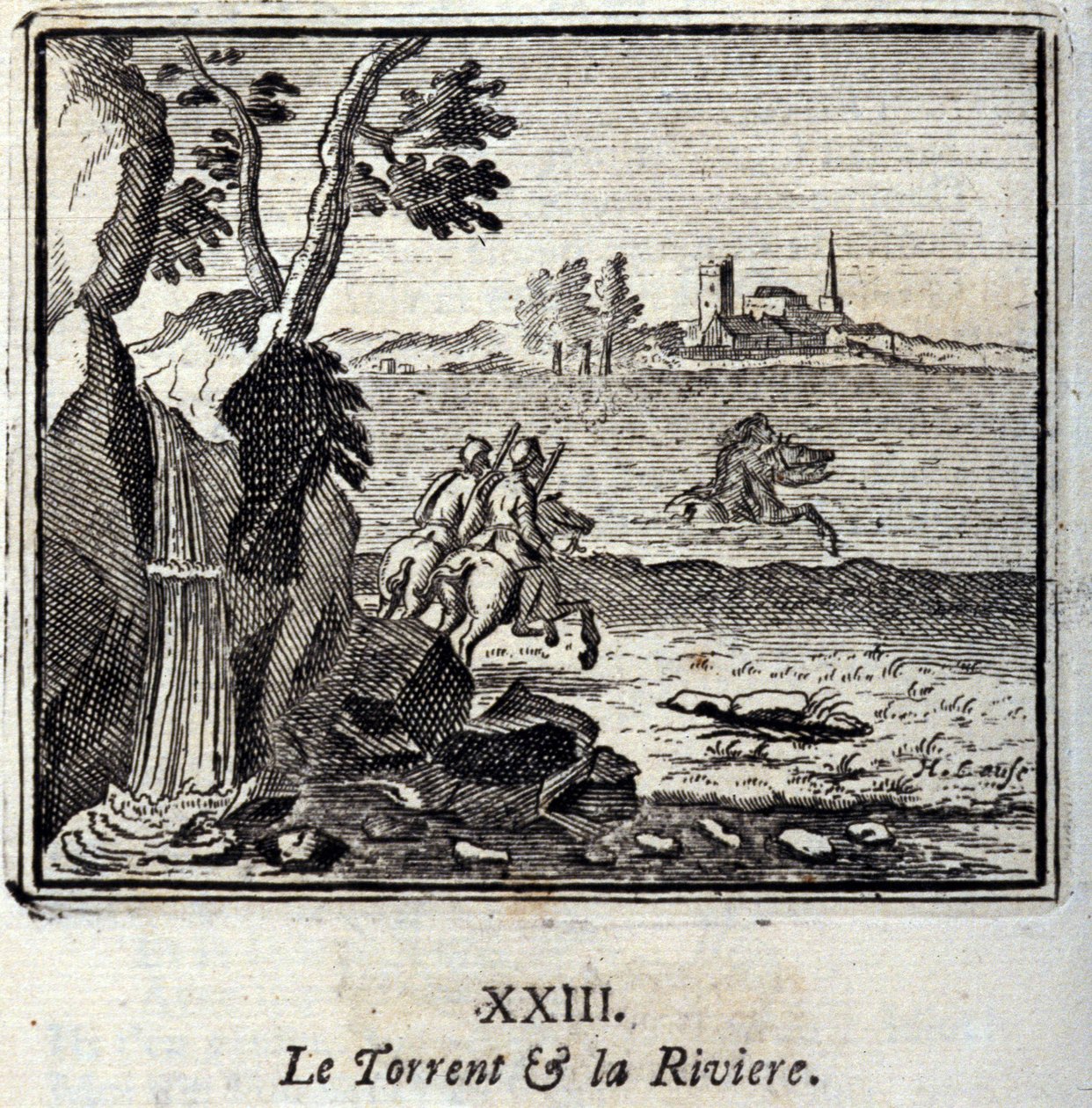 Der Strom und der Fluss. Fabeln von Jean de La Fontaine. Illustration von François Chauveau. Ausgabe von 1728. von Francois Chauveau