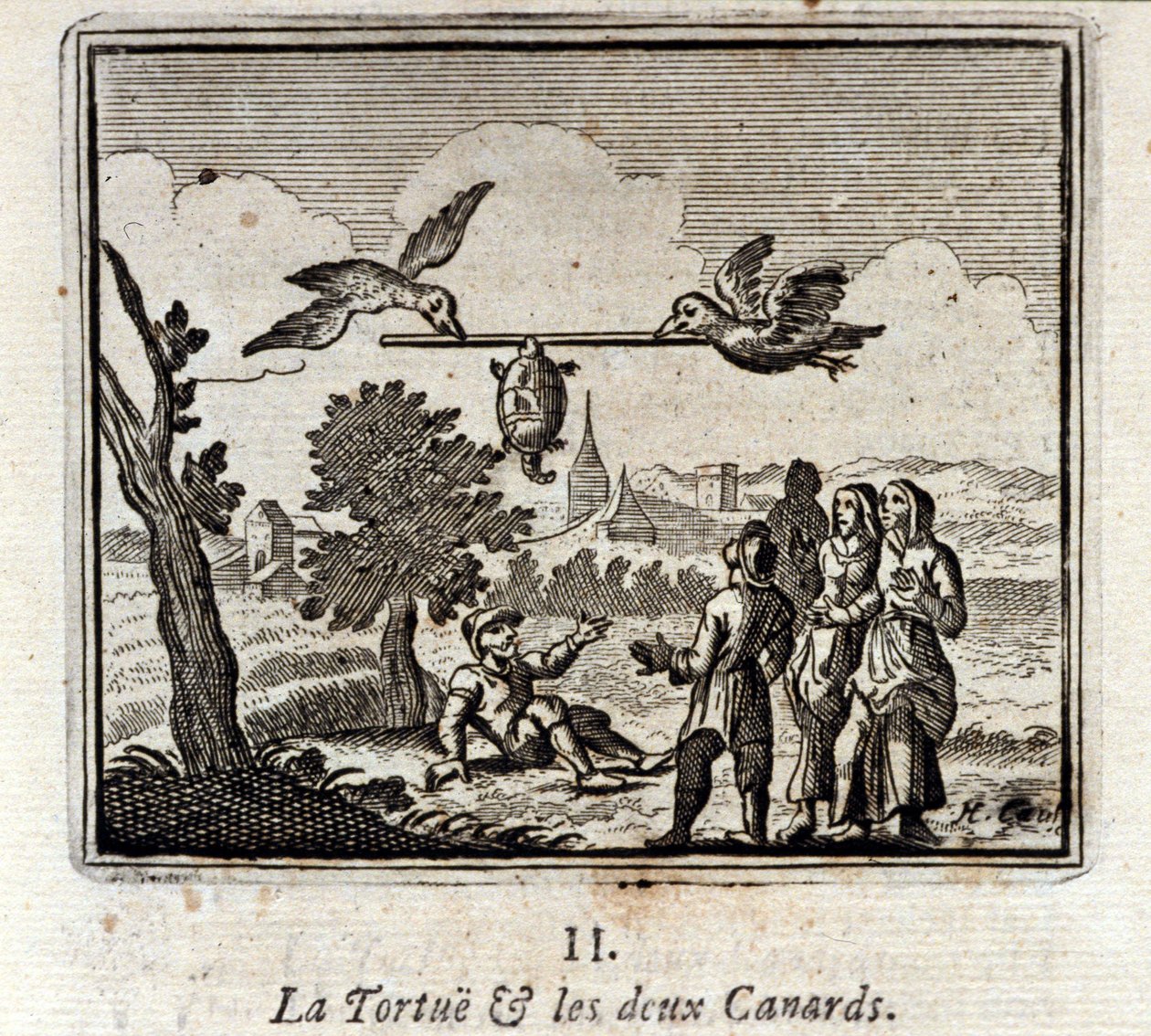 Die Schildkröte und die zwei Enten. Fabeln von Jean de La Fontaine. Illustration von François Chauveau. Ausgabe von 1728. von Francois Chauveau