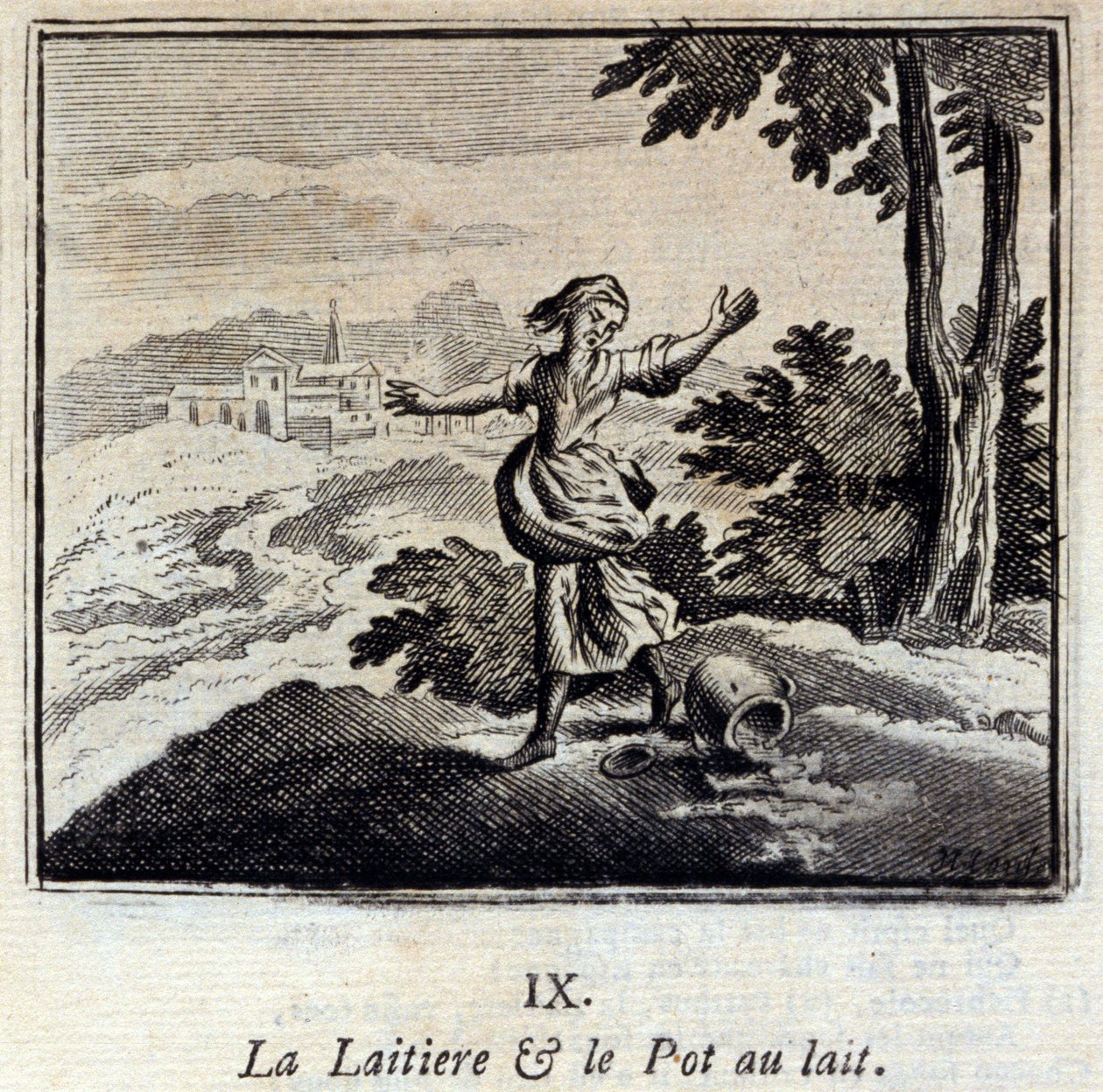 Die Milchfrau und der Milchtopf. Fabeln von Jean de La Fontaine. Illustration von François Chauveau. Ausgabe von 1728 von Francois Chauveau
