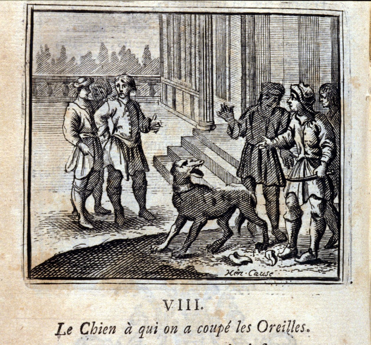 Der Hund, dem man die Ohren abgeschnitten hat. Fabeln von Jean de La Fontaine. Illustration von François Chauveau. Ausgabe von 1728. von Francois Chauveau