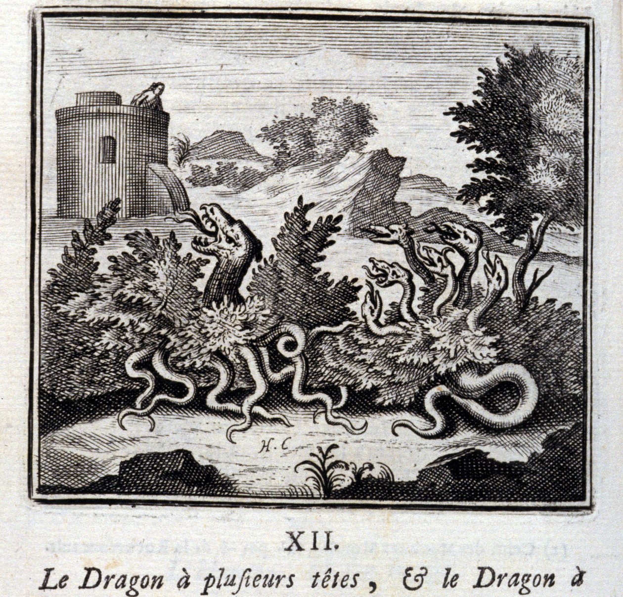 Der Drache mit mehreren Köpfen und der Drache mit mehreren Schwänzen. Fabeln von Jean de La Fontaine. Illustration von François Chauveau. Ausgabe von 1728. von Francois Chauveau