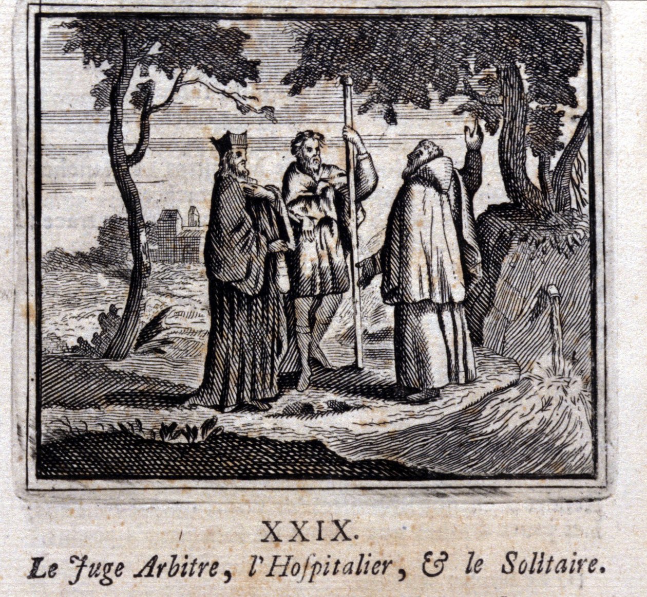 Der Richter schiedsrichtet den Hospitaliter und den Einsiedler. Fabeln von Jean de La Fontaine. Illustration von François Chauveau. Ausgabe von 1728 von Francois Chauveau