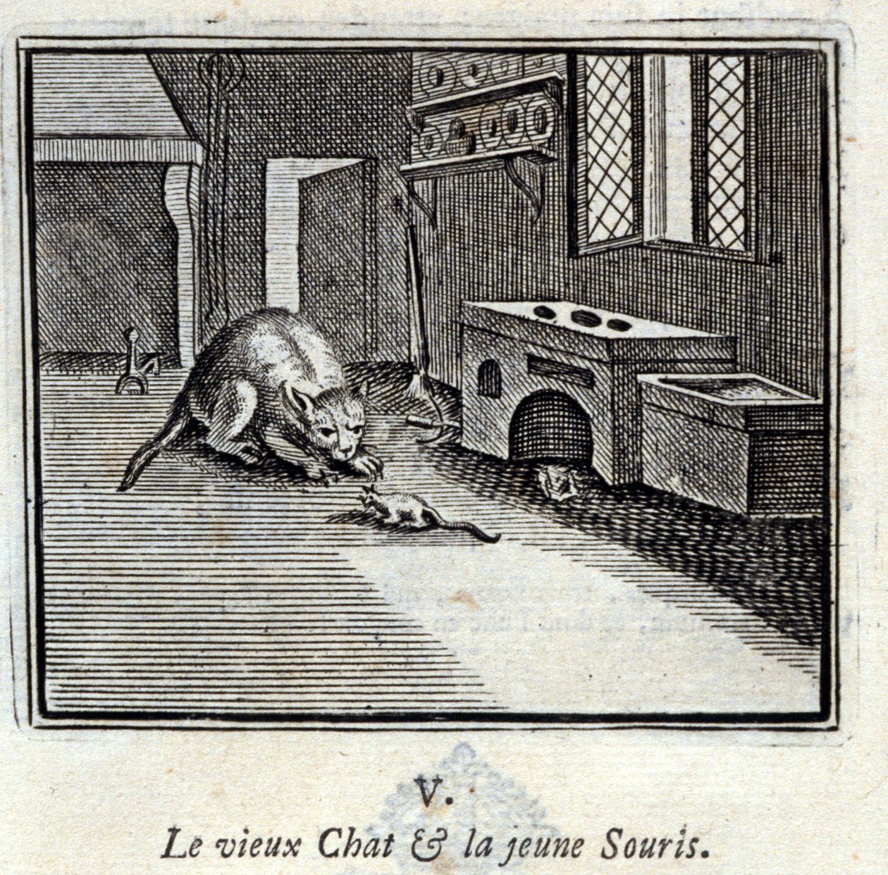 Die alte Katze und die junge Maus. Fabeln von Jean de La Fontaine. Illustration von François Chauveau. Ausgabe von 1728. von Francois Chauveau