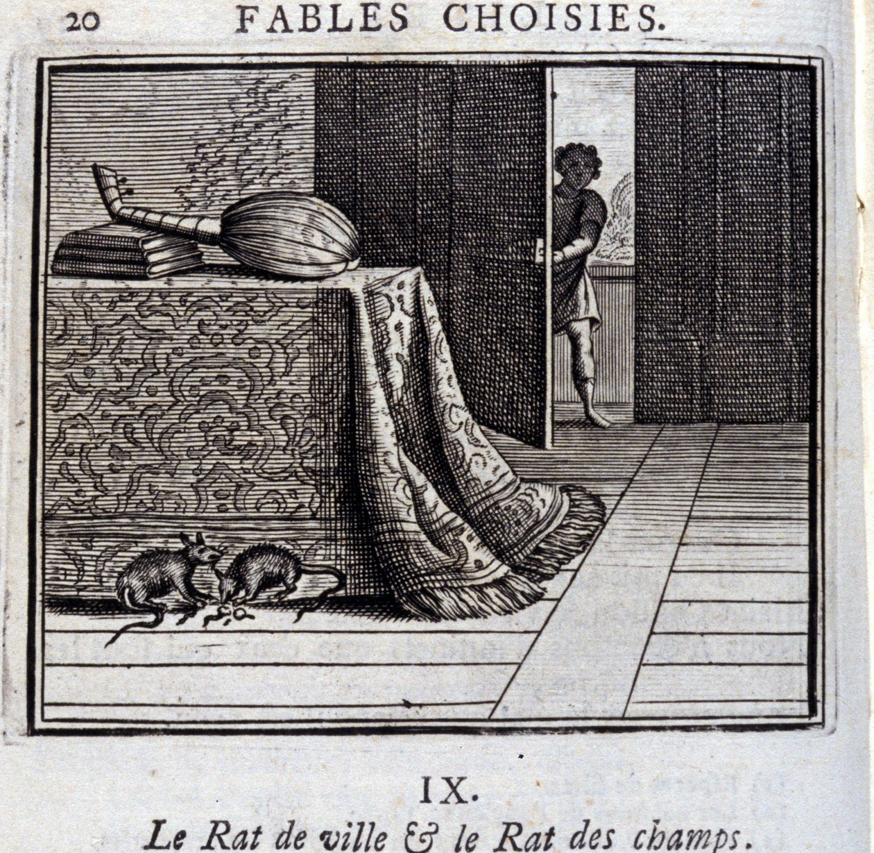 Die Stadtmaus und die Feldmaus. Fabeln von Jean de La Fontaine. Illustration von François Chauveau. Ausgabe von 1728 von Francois Chauveau