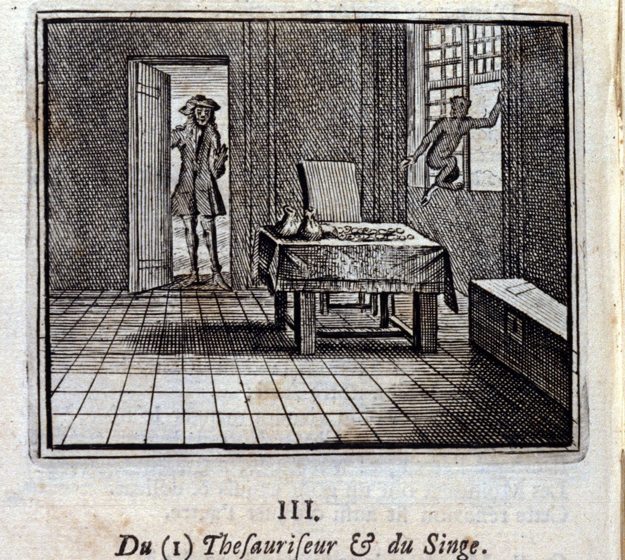 Der Schatzmeister und der Affe. Fabeln von Jean de La Fontaine. Illustration von François Chauveau. Ausgabe von 1728. von Francois Chauveau