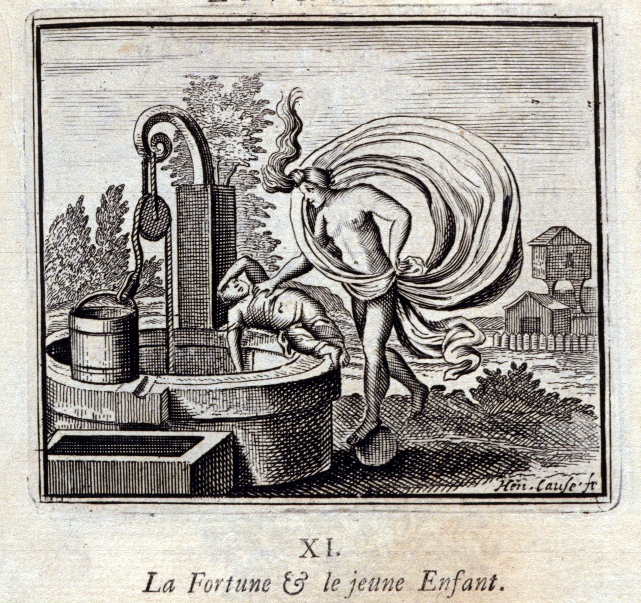 Das Glück und das Kind. Fabeln von Jean de La Fontaine. Illustration von François Chauveau. Ausgabe von 1728. von Francois Chauveau