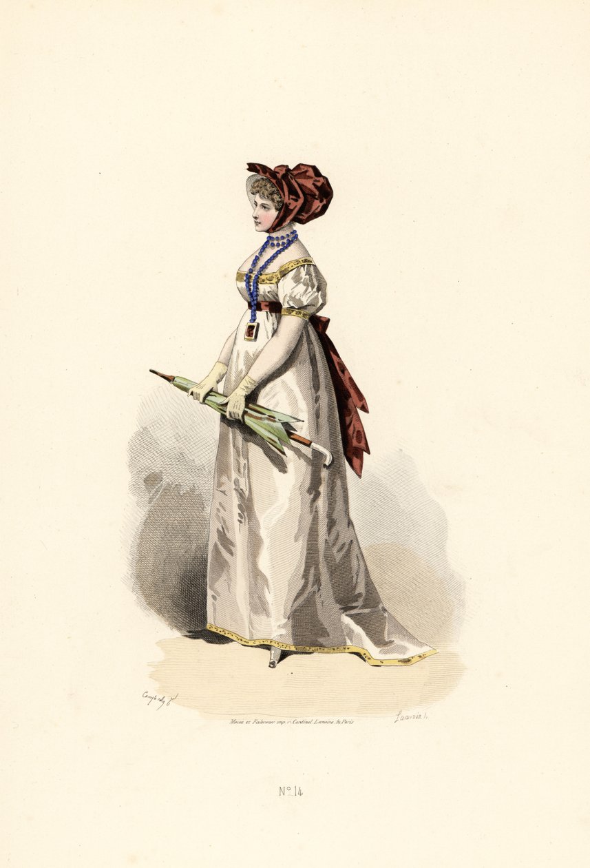 Frau im weißen Kleid mit strohfarbenem Besatz und Granatgürtel von Francois Claudius (after) Compte Calix
