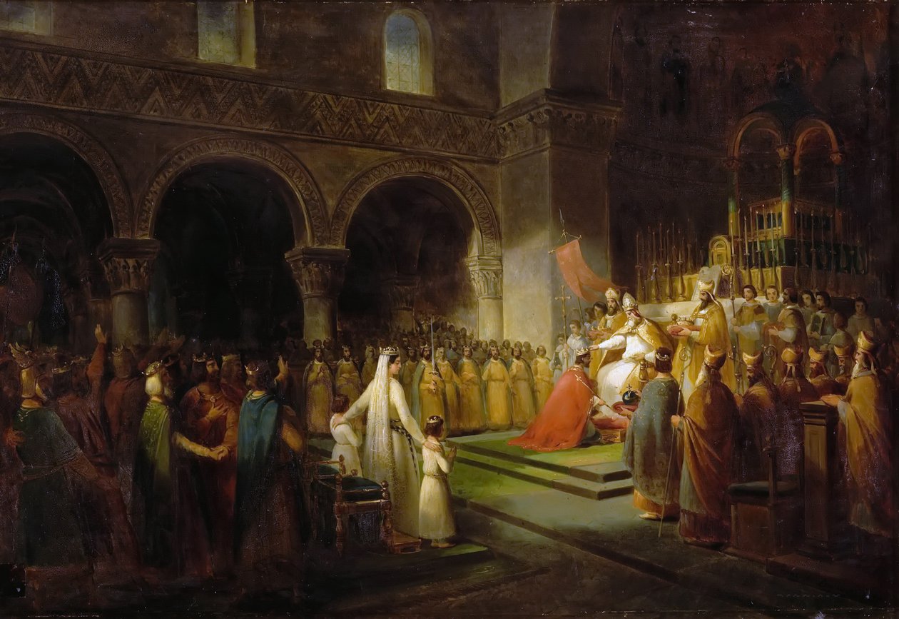 Die Salbung von Pippin dem Kurzen in Saint-Denis, 28. Juli 754 von Francois Dubois
